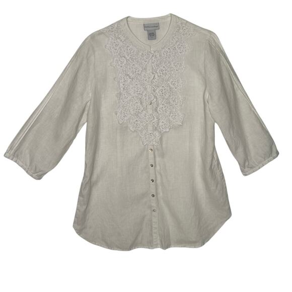 Soft Surroundings White Linen crochet Front Blouse Button Down pleated sleeves M - Picture 3 of 14